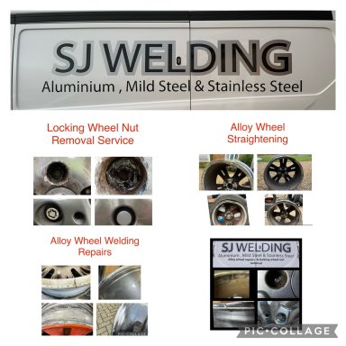 Logo of SJ Welding with services for alloy wheel nut removal and straightening.