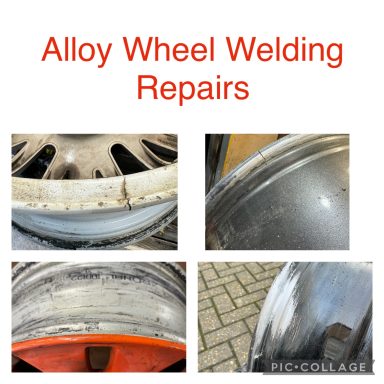 A collage showing alloy wheel welding repairs, including various damaged wheels.